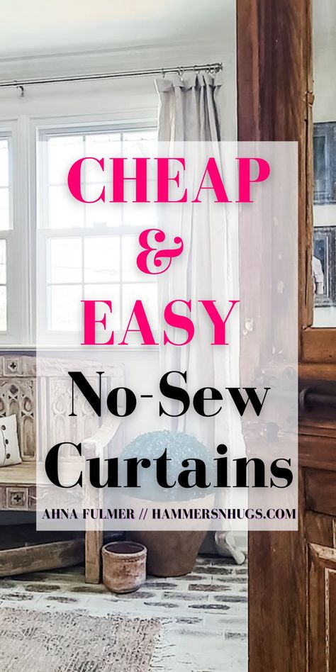 Cheap DIY For Home Decor - No Sew Curtains - Ahna Fulmer French Country House Decor, Inexpensive Curtains, Door Curtains Diy, Diy For Home Decor, Kitchen French Country, Diy Drapes, Farmhouse Style Curtains, Dining Room Window Treatments, Curtain Alternatives