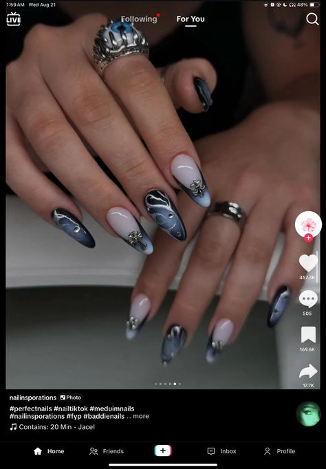 Navy Blue Gel X Nails, Blueish Grey Nails, Blue And Gray Nails, Grey Nails With Design, Blue Gel X Nails, Nails With Design, Gel X Nails, X Nails, Grey Nails