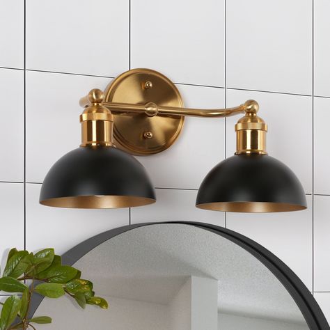 Bring a touch of vintage charm to your bathroom with this Modern Industrial Black Bathroom Vanity Light. The sleek black and brushed brass finish gives it a contemporary look, while the unique pot-shaped lampshades add a touch of farmhouse appeal. Powder Room Light Fixtures, Brass And Black Bathroom, Black And Brass Bathroom, Brass Bathroom Lighting, Industrial Bathroom Lighting, Industrial Vanity Light, Powder Room Lighting, Industrial Vanity, Black And Gold Bathroom