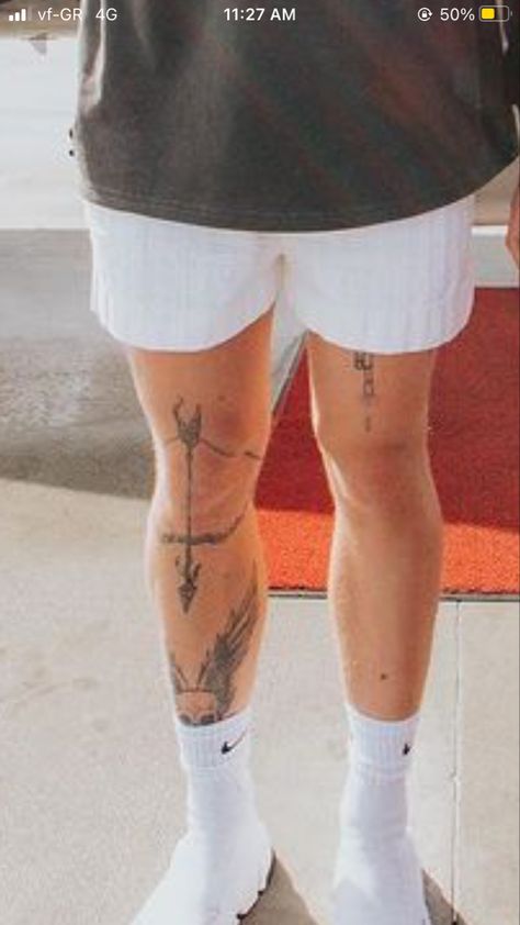 Scattered Leg Sleeve Tattoo, Knee And Shin Tattoo, Jake Paul Leg Tattoo, Knee Tatoos Men, Men Above Knee Tattoo, Men Tattoo Ideas Thigh, Tattoo Knee Men, Men’s Knee Tattoo, Men Knee Tattoo