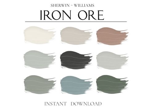 Sherwin Williams Iron Ore Palette, Iron Ore Kitchen Cabinets, Iron Ore Paint, Digital Download, Iron Ore Ceiling, Whole House Paint Colors - Etsy Iron Ore Sherwin Williams Complimentary Colors, Paint Color Iron Ore, Iron Ore Versus Wrought Iron Paint, Iorn Ore Kitchen Cabinets, Iron Mountain Vs Iron Ore Paint, Iron Ore, House Color Schemes, Favorite Paint Colors, Favorite Paint