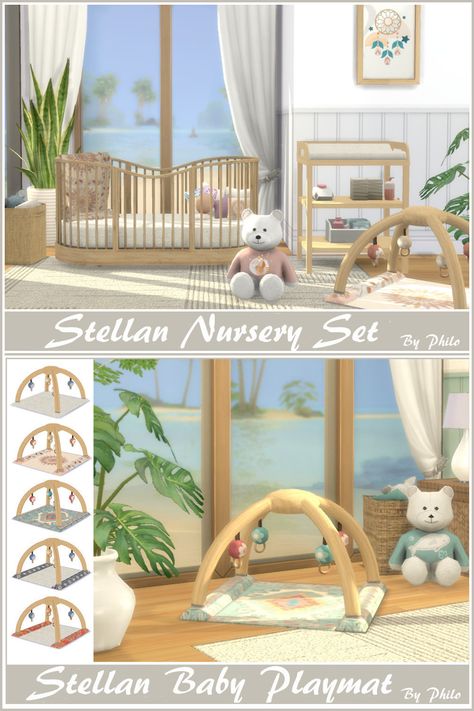 A set made of 8 recolours for a nursery in boho style. #ShowUsYourBuilds #thesims4 #Sims4 #sims4game #ts4house #ts4build #ts4builds #ts4mm #simsbuilds #ts4 #sims4boho #sims4housebuild #simsinterior #sims4house #sims4home #simsinspiration #simstagram #thesimsresourcedotcom #sims4build #simshousedesign #thesims4housebuild I hope you like it. Sims Cc Baby Furniture, Sims 4 Cc Nursery Furniture Maxis Match, Sims 4 Mm Cc Infant, Sims 4 Cc House Decor Aesthetic, Sims 4 Infant Build Cc, Sims 4 Infants Room, Sims 4 Infant Bedroom Cc, Sims 4 Nursery Room, Sims 4 Cc Nursery Furniture Patreon Free