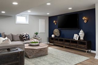 Retro Record Player Basement with Blue Accent Wall - Midcentury - Basement - DC Metro - by The Suite Shoppe Interiors | Houzz Navy Accent Wall, Gray Basement, Blue Accent Wall, Navy Accent Walls, Retro Record Player, Bedroom Retro, Blue Accent Walls, Accent Wall Colors, Basement Reno