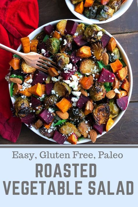 This roasted vegetable salad is easy, healthy, gluten free, and paleo. The perfect easy healthy side dish for Thanksgiving! Also a great easy paleo dinner recipe. A tasty holiday recipe everyone will love! Salad Roasted Vegetable, Paleo Roasted Vegetables, Fall Roasted Vegetable Salad, Healthy Side Dish For Party, Cooked Vegetable Salad, Roast Veggie Salad, Roasted Veggie Salad Recipes, Roast Veg Salad, Warm Vegetable Side Dish