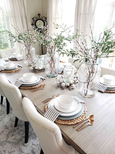 Neutral late summer tablescape. #tablescape #neutralsummer #latesummertablescape #olivebranches #dinningroom #neutraltablescape Dining Room Table Setting Ideas Everyday, Transitional Table Setting, Modern Table Scape Ideas, Neutral Dinner Table Decor, Every Day Table Settings, Dining Room Tablescapes Everyday, Kitchen Table Place Setting, Spring Summer Table Decor, Tablescapes Summer