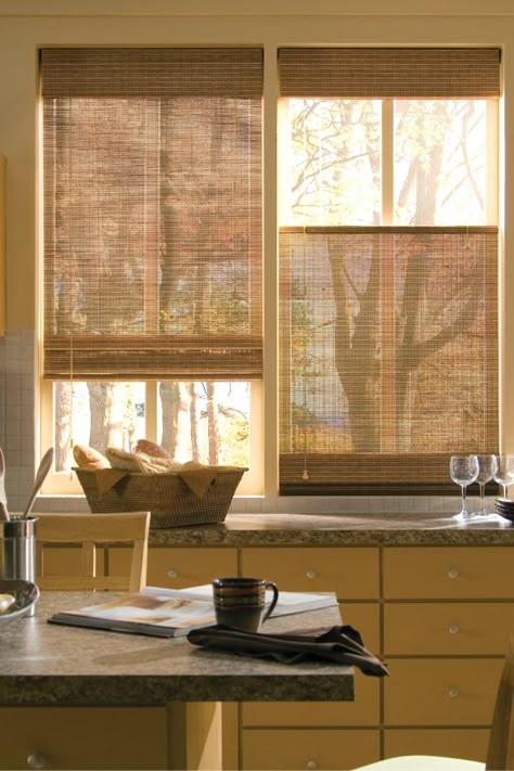 Wooden Shades For Windows, Hunter Douglas Provenance Woven Shades, Natural Window Coverings, Kitchen Shades, Modern Window Treatments, Woven Wood Shades, Wooden Shades, Bamboo Blinds, Woven Wood