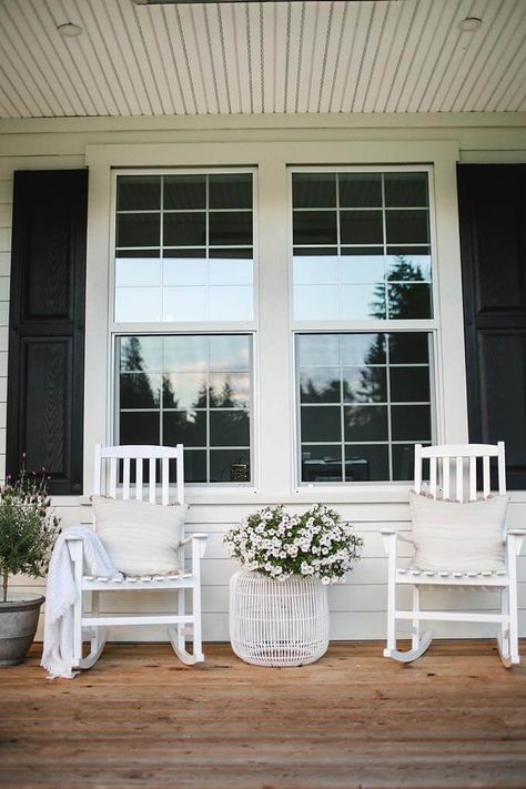 Small Colonial Front Porch Ideas, Front Porch White Rocking Chairs, Blue House Porch Decor, Pottery Barn Front Porch, White Rocking Chairs On Front Porch, Front Porch Ideas Rocking Chairs, Fronch Porch Decor, Rocking Chair Front Porch Ideas, Farmers Porch Decor