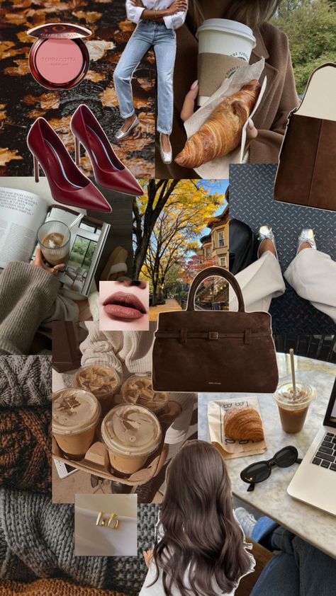 Fall aesthetic vibes makeup shoes bags work academic books cozy relaxing fashion beauty makeup 1990s Fall Aesthetic, Fall Fashion Collage, Fall Mood Board Aesthetic, Fall Mood Board, Fashion Mood Board, Fashion Collage, Mood Board Fashion, Glow Up?, Aesthetic Fashion