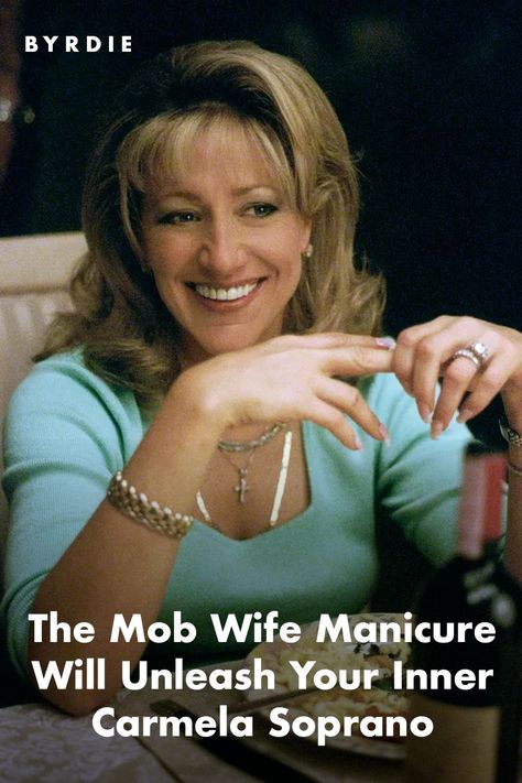 Carmela Soprano mob wife manicure Mob Wife French Tip, Carmela Soprano Nails, Mob Wife Nails, Square French Manicure, Carmela Soprano, Big Ang, Square French, Storm Reid, Teased Hair