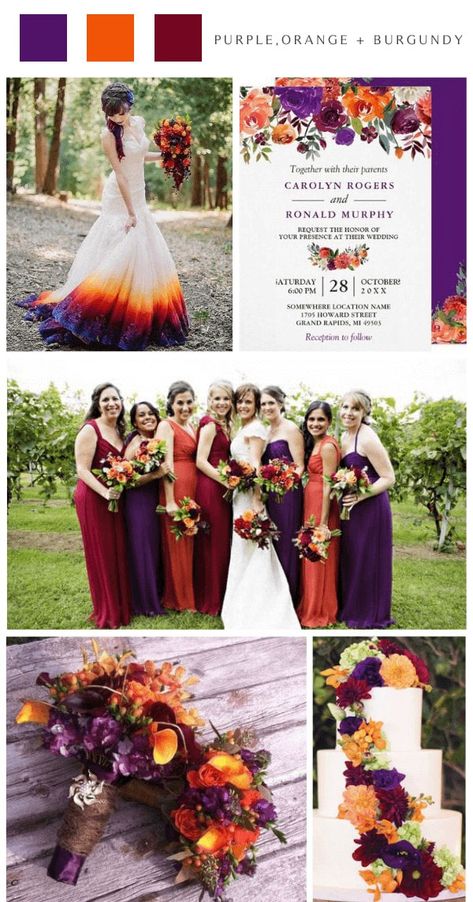 outdoor october wedding purple orange burgundy wedding color ideas #wedding #weddingcolors #weddingideas #fallwedding Orange Burgundy Wedding, Orange And Purple Wedding, Orange Wedding Color Scheme, Sunset Wedding Colors, Fall Wedding Colors Purple, Fall Wedding Colors October, Orange Purple Wedding, October Wedding Colors, Purple Fall Wedding