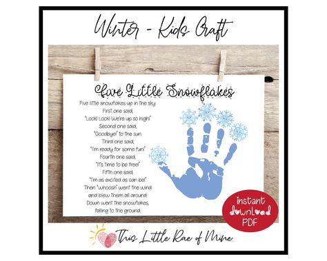 January Handprint Art, Snowflake Poem, Winter Handprint Art, Winter Crafts For Kids Preschool, Kids Handprint Art, Winter Poems, Baby Shower Shirts, Toddler Craft, Document Frame