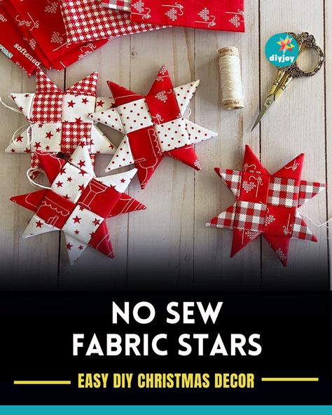 These no-sew fabric stars are the perfect Christmas ornaments! Learn how to make them here using your fabric scraps. Sewn Christmas Ornaments, Diy Joy, Sewing And Quilting, Stars Craft, Diy Christmas Decorations Easy, Fabric Stars, Star Diy, Fabric Ornaments, The Perfect Christmas