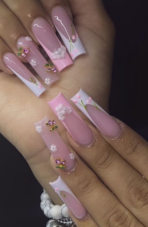 Pink Nail Charm Designs, Flower Charm Nail Designs, Flowers With Rhinestones Nails, Cute Extra Acrylic Nails, Nails With Pink Gems, Nails With Painted Flowers, Coffin Nails With Charms, Nails Acrylic With Charms, Flower Gem Nails