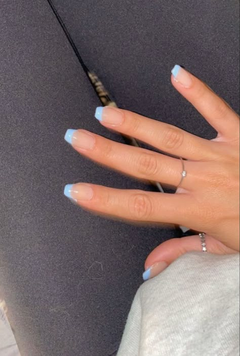 Basic Light Blue Nails, Light Blue Nails Acrylic French Tip, Light Blue Nail French Tip, Coffin Light Blue French Tip Nails, Light Blue Sparkly French Tip Nails, Light Blue French Tips Square, Light Blue French Tips Coffin, Basic Nails Summer, Mail Inspo Blue