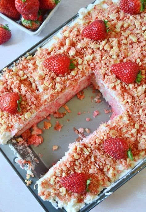 STRAWBERRY SHORTCAKE STRAWBERRY SHORTCAKE STRAWBERRY SHORTCAKE STRAWBERRY SHORTCAKE Strawberry Punch Poke Cake, Strawberry Crunch Shortcake Recipe, Strawberry Wafer Cake, Strawberry Crunch Dessert Ideas, Easy Strawberry Poke Cake, Strawberry Poke Crunch Cake, Strawberry Crunch Poke Cake Recipe, Midwest Desserts, Box Strawberry Cake Mix Ideas