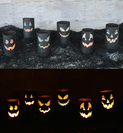 Create a scene of glowing Halloween faces. Halloween Ideas Decorations Outdoor, Diy Halloween Paper Decorations, Diy Light Up Halloween Decor, Halloween Decorations With Kids, Diy Simple Halloween Decorations, Hoween Decorations Diy, Diy Kids Halloween Decorations, Halloween Lamp Diy, Cute Halloween Decor Diy