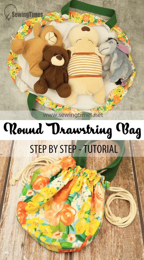 DIY Round Drawstring Bag | Toy Play Mat Easy Sewing Tutorial [sewingtimes] Toy Bag Play Mat, Drawstring Bag Diy, Diy Pouch, Diy Organizer, Pouch Diy, Diy Bags Patterns, Diy Upcycle, Toy Bags, Bags Tutorial