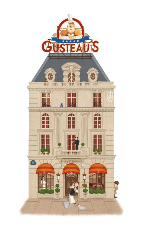 A facade of restaurant with big banner and characters Ratatouille Restaurant, Ratatouille Birthday Party, Gusteau Ratatouille, Ratatouille Movie, Restaurant Illustration, Ratatouille Disney, Disney Minimalist, Disney Room Decor, Scene Drawing