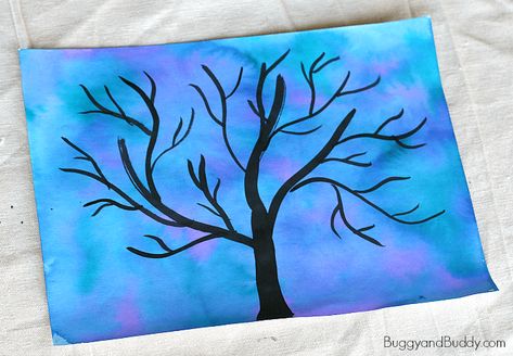 paint a black tree silhouette over the watercolor background The Bfg, Art Videos For Kids, Night Sky Art, Art Project For Kids, Watercolor Art Face, Button Tree, Watercolor Art Diy, Watercolor Art Landscape, Watercolor Art Journal