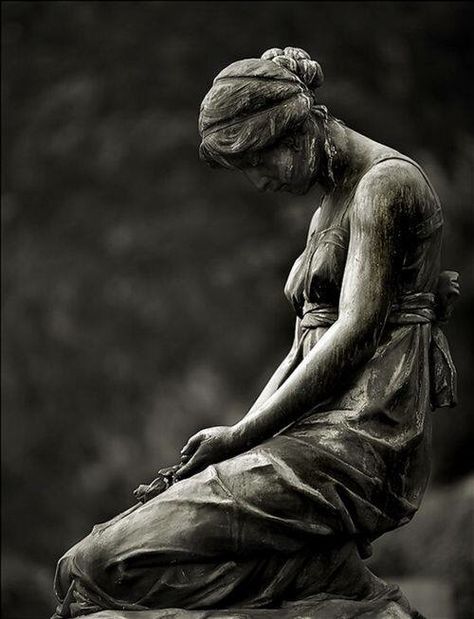 Statue of Woman with her head down & kneeling Cemetery Angels, Cemetery Statues, Old Cemeteries, Cemetery Art, Angel Statues, Sculptures & Statues, The Darkness, Garden Statues, A Rock