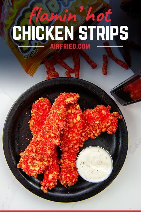 They look spicy, and they taste spicy! These chicken strips are covered in hot cheetos and then cooked easily in the air fryer! #airfried #chickentenders #Flaminhotcheetos Cheeto Chicken, Hot Cheetos Chicken, Cheetos Chicken, Cheetos Recipe, Friday Meals, Air Fried Chicken Tenders, Chicken Strip, Chicken Strip Recipes, Chicken Breast Tenderloins