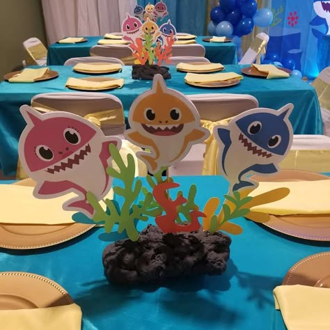 Baby shark Birthday Party Ideas | Photo 1 of 19 | Catch My Party Baby Shark Party Ideas, Shark Birthday Party Ideas, Shark Baby Shower, Baby Shark Birthday Party, Shark Party Decorations, Shark Themed Birthday, Shark Themed Party, Baby Shark Party, Shark Themed Birthday Party