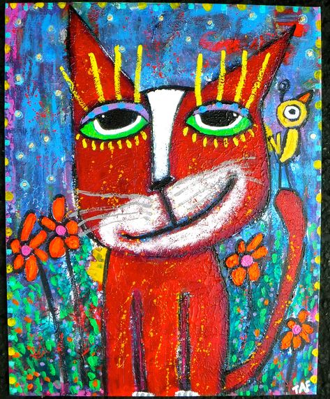 Whimsy Painting, Illustration Art Animals, Whimsical Cats Art, Whimsy Cat Art, Whimsical Cat Painting, Cat Art Whimsical, Cat Funky Art, Trippy Cat Art, Whimsy Art