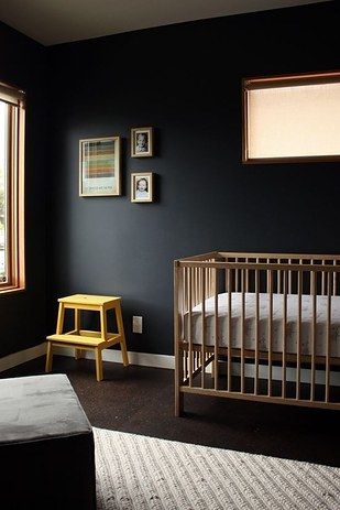 21 Black Nurseries That Are Surprisingly Cheerful Dark Nursery, Eclectic Kids Room, Black Nursery, White Nursery, Dark Walls, In The Corner, Nursery Inspiration, Baby's Room, Modern Nursery