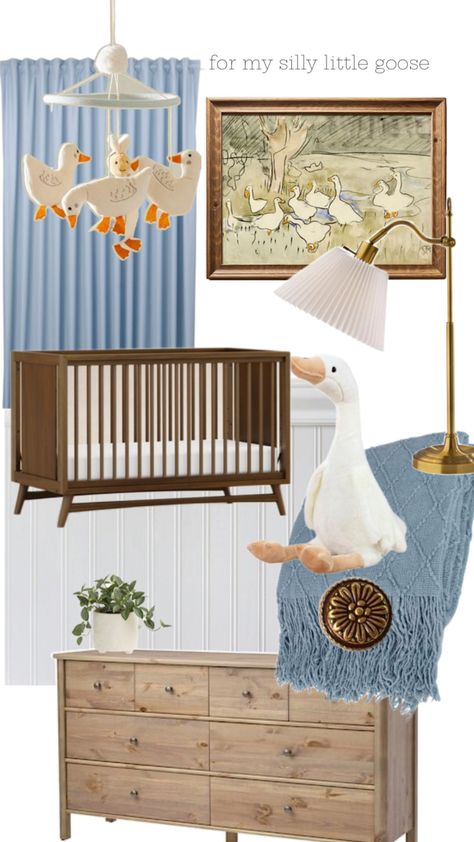 Nursery design for a boy or gender neutral featuring browns, blues and brass and a goose/duckling theme Nursery Room Ikea, Teddy Bear Nursery Ideas, Bear Nursery Ideas, Duckling Nursery, Neutral Boy Nursery, Goose Party, Nursery Themes Neutral, Duck Nursery, Vintage Baby Nursery