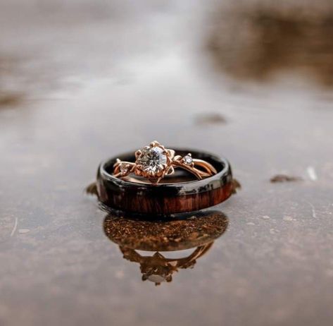 Wedding Photo - Details. Weddings rings. The Cowboy Ring - Koa Wood & Tungsten Men's Wedding Band for him and rosegold flower daimond ring for her. Mexican/Western/Fiesta Themed Wedding. Cowboy Wedding Rings, Western Wedding Bands, Cowboy Ring, Mexican Western, Groom Wedding Band, Wedding Band For Him, Western Wedding Rings, Weddings Rings, Flower Wedding Ring