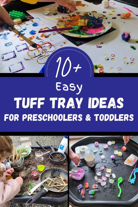 Pin text reads, 10+ easy tuff tray ideas for preschoolers and toddlers and has 3 images of ideas. Easy Tuff Tray Ideas, Tuff Tray Ideas Preschool, Sensory Tuff Tray Ideas, Tuff Tray Ideas Eyfs, Tuff Tray Ideas For Toddlers, Tuff Tray Ideas Toddlers, Tuff Tray Ideas, Winter Sensory Bin, Valentine Sensory