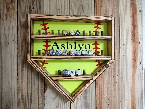 https://adudeandachick.etsy.com Championship Ring Display, Softball Championship, Softball Decor, Softball Decorations, Baseball Decor, Softball Gifts, Sports Decor, Baseball Birthday Party, Wood Items