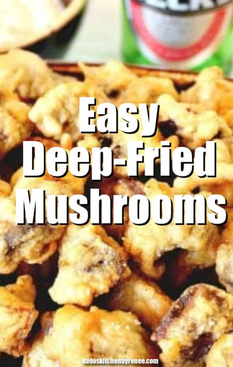 Even if you're not a huge mushroom fan, I'll bet you're going to flip over this deep fried mushroom recipe! Fried Mushrooms Batter, Battered Mushrooms, Deep Fried Mushrooms, Fried Mushroom Recipes, Onion Appetizers, Beer Battered Fries, Breaded Mushrooms, Popular Appetizers, Mushroom Recipe