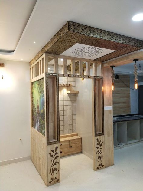 Pooja Ghar Design Living Rooms, Puja Room In Hall, Devghar Design Small In Kitchen, Small Pooja Room Door Design, Small Pooja Room In Living Room, Small Pooja Room Ideas, Modern Partition, Eid Milad Un Nabi, Indian Room Decor