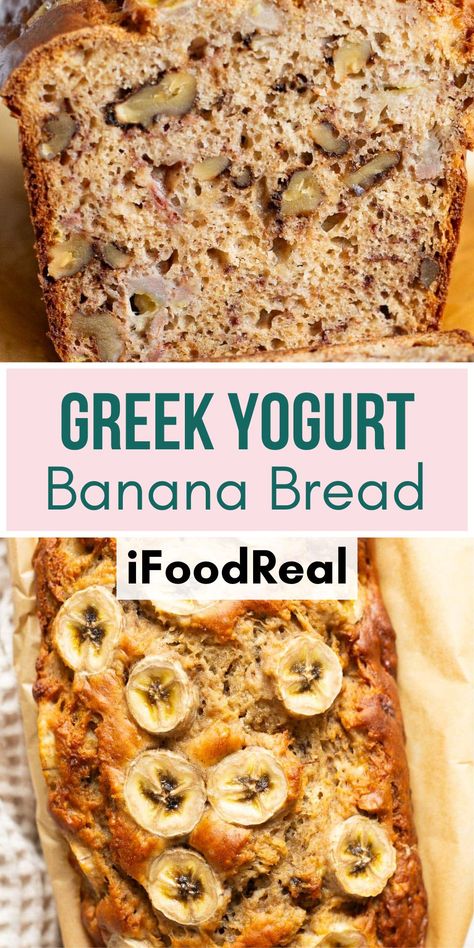 This moist Greek Yogurt Banana Bread has rich banana flavor, crunchy walnuts and melt in your mouth texture. It’s perfect for healthy breakfast or snack! Banana Bread Recipe Yogurt, Healthy Banana Bread Greek Yogurt, Banana Bread Recipe With Yogurt, Banana Bread With Greek Yogurt, Bread With Greek Yogurt, Greek Yogurt Banana Bread, Yogurt Banana Bread, One Bowl Banana Bread, Super Moist Banana Bread