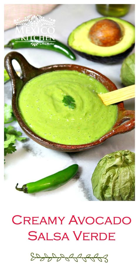 Salsa With Avocado, Avocado Salsa Verde Recipe, Creamy Avocado Salsa, Avocado Salsa Verde, Green Salsa Recipe, Avocado Illustration, Authentic Mexican Salsa, Mexican Salsa Recipes, Creamy Salsa