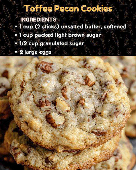 Toffee Pecan Cookies Toffee Snowball Cookies, Pecan Delight Cookies, Fall Pecan Cookies, Paula Deen Cookies Recipes, Toffee Pecan Shortbread Cookies, Best Toffee Cookies, Toffee Christmas Cookies, Toffee Chip Cookies Recipe, Oatmeal Toffee Pecan Cookies