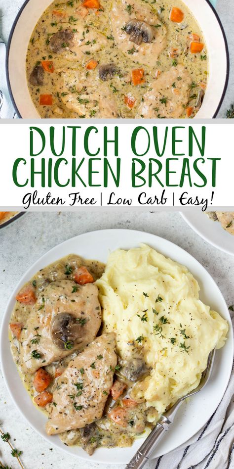 Making dutch oven chicken breast feels like an elevated dinner meal, but it's such an easy recipe to cook! It's a healthy dutch oven recipe that's also Whole30, low carb, gluten free and dairy free, and filled with vegetables like onions, celery and carrots, and the chicken breast is cooked in a creamy parsley and thyme sauce. It's a family friendly recipe that only uses one pot, and comes together in under an hour! #dutchoven #dutchovenchicken #chickenbreast #whole30dinner Oven Chicken Breast, Dutch Oven Chicken Breast, Thyme Sauce, Dutch Oven Recipes Cast Iron, Chicken Breast Oven, Dutch Oven Chicken, Paleo Dinners, Oven Chicken Recipes, Oven Recipe