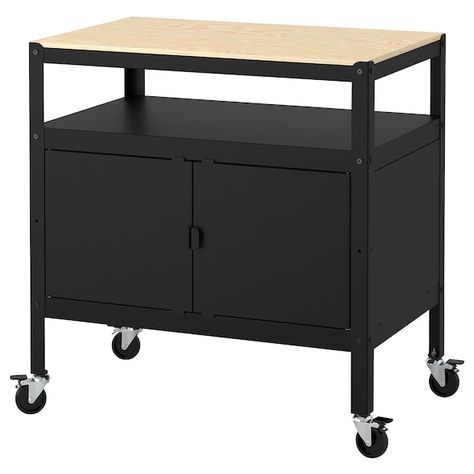 BROR Cart with closed storage, black, wood - IKEA Ikea Bror, Movable Shelf, Side Units, Pine Plywood, Deep Shelves, Beautiful Storage, Pantry Shelf, Ikea Family, Small Shelves