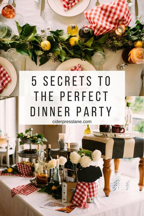 5 Secrets to the Perfect Dinner Party. #tablescapes #placesetting #events #dinnerparty #partyplanning #italiandinner #Italiandesign #plaidnapkins #lemoncenterpiece #redandwhiteplaid #community #gather Lunch Themes Party, Decorating Dinner Table Ideas, Dinner Party Set Up At Home, How To Host A Dinner Party, Setting Table For Dinner Party, Dinner Party Table Settings Casual, Dinner Party Table Ideas, Dinner Party Set Up, Italian Night Dinner Party