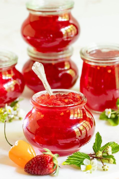 This Strawberry Habanero Pepper Jelly is sweet, spicy and oh-so-delicious! It\'s fabulous with cheese and charcuterie boards and so much more! #strawberryhabaneropepperjelly, #easypepperjelly, #strawberrypepperjelly Habanero Pepper Jelly, Strawberry Jalapeno Jam, Pepper Jelly Recipe, Peach Freezer Jam, Pepper Jelly Recipes, Strawberry Freezer Jam, Beautiful Cheese Board, Easy Jam, Habanero Pepper