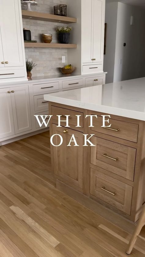 Braido Targa | Here’s all the other drool-worthy details: * ��Faucet Finish: champagne bronze * ��Fridge: 72” wide * ��Island Length: 14’ * ��Splash:… | Instagram White Oak Backsplash Kitchen, Kitchen Cabinets Island Different Color, Tan Island White Cabinets, Blonde Flooring Kitchen, White Kitchen Walnut Floors, White Oak With Gold Hardware, Wall Of Cabinets With Fridge, Off White And Wood Kitchen, Cream Kitchen Wood Island