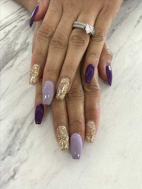 Purple and gold Good And Purple Wedding, 2 Tone Purple Nails, Purple And Gold Dip Nails, Nail Art Designs Purple And Gold, Nail Designs Purple And Gold, Purple Nails With Gold Accent, Purple Nails With Gold Glitter, Purple And Gold Fall Nails, Purple And Gold Gel Nails