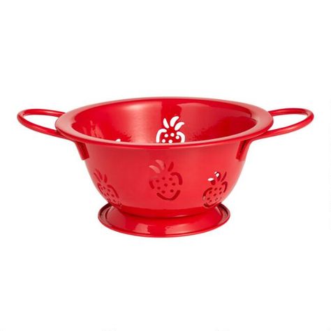 Red Steel Strawberry Pattern Colander | World Market Cheerful Kitchen, Red Kitchen Accessories, Strawberry Kitchen, Strawberry Decorations, Strawberry Pattern, Simply Red, Whimsical Home, Red Kitchen, Kitchen Gift