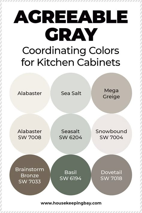 Agreeable Gray Coordinating Colors for Kitchen Cabinets. Alabaster, Sea Salt, Mega Greige, Brainstorm Bronze SW 7033, Basil SW 6194, Dovetail 7018. Your kitchen may already be painted Agreeable Grey when you decide to change the color of the island. or you might need to repaint the kitchen walls with Agreeable Grey so that they still match the color of the island. Agreeable Gray Coordinating Colors for Kitchen Cabinets will help you to better coordinate the selection of colors. Cabinets And Walls The Same Color, Cabinet Colors For Agreeable Gray Walls, Good Paint Colors For Kitchen Walls, Sea Salt Kitchen Walls Gray Cabinets, Best Colors With Agreeable Gray, Mega Greige Color Palette, Sw 6194 Basil, Grey Color Kitchen Ideas, Agreeable Gray With Dark Cabinets