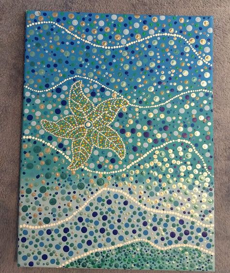 Aboriginal Painting Ideas, Ocean Dot Art, Mermaid Dot Painting, Ocean Theme Dot Art, Whale Dot Painting, Sea Turtle Dot Art, Turtle Pointillism, Beach Art Projects, Gnome Signs