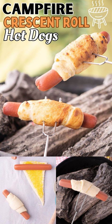 Campfire Crescent Roll Hot Dogs Fire Meals Camp, Campfire Hot Dogs, Campfire Treats For Kids, Campfire Food For Kids, Campfire Snacks Fire Pits, Campfire Meals Fire Pits, Fire Pit Food Ideas, Bonfire Food Ideas, Fall Munchies