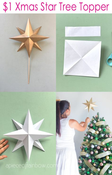 How to make $1 beautiful paper Christmas star tree topper. Easy DIY decoration tutorial & crafts idea for modern, boho, farmhouse home decor. - A Piece of Rainbow, Christmas tree ideas, holiday crafts for kids, Scandinavian, vintage, budget decor, Anthropologie style Nordic Star Tree Topper, Diy Star Tree Topper How To Make, Paper Tree Topper Diy, Paper Christmas Tree Topper, Diy Paper Star Tree Topper, Diy Star Topper, Paper Star Diy Christmas, How To Make A Star For Christmas Tree, Diy Tree Star Topper