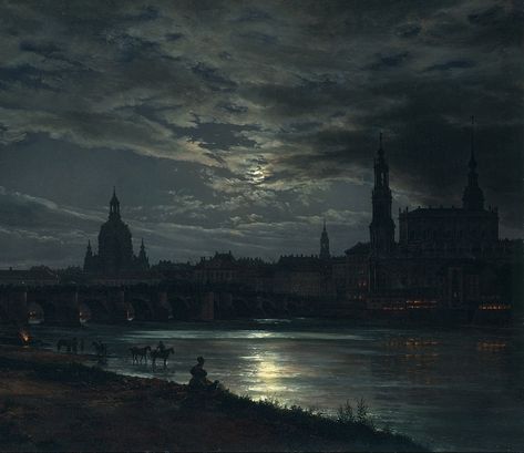 Johan Christian Dahl (Norwegian, 1788-1857) "View of Dresden by Moonlight" 1839 Johan Christian Dahl, Moonlight Painting, Arte Van Gogh, Aesthetic Painting, 판타지 아트, Ethereal Art, Classical Art, Mini Canvas Art, Scenery Wallpaper