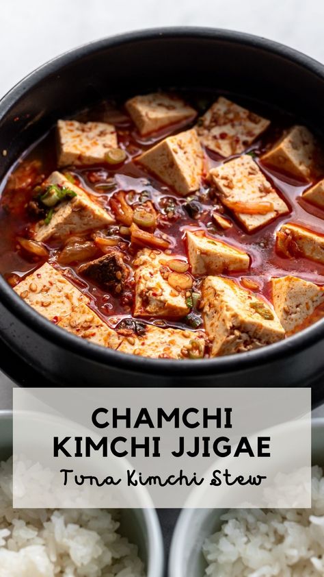 Bowl of kimchi tuna Jjigae (stew) in bowl with tofu Kimchi Stew Recipe, Kimchi Food, Firm Tofu Recipes, Stir Fry Kimchi, Korean Stew, Jjigae Recipe, Authentic Korean Food, Kimchi Jjigae, Kimchi Stew